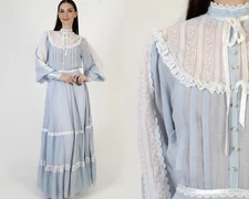Vtg 70s Gunne Sax Dress Victorian Country Saloon Lace Balloon Slv Tiered Maxi 11