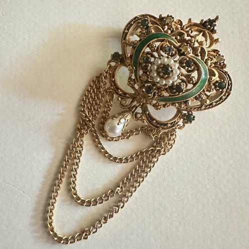 Vintage Florenza Gold Tone Blue Rhinestone Pearl Costume Brooch Lapel Pin Crown - Picture 10 of 10