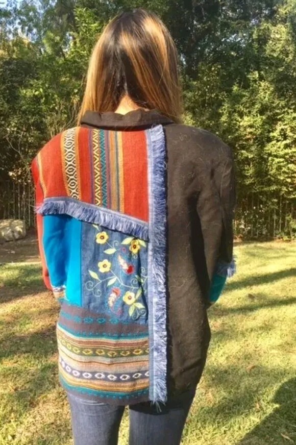 Indigo Moon Patchwork Jacket Size L Embroidered B… - image 3