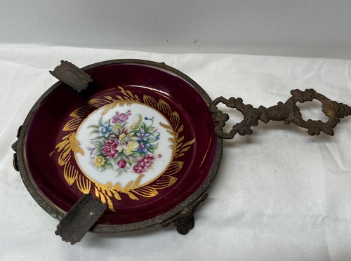 VTG Porcelaine Ashtray Makeup Brush Holder Floral Hand Painted Bronze Metal Trim - Picture 6 of 9