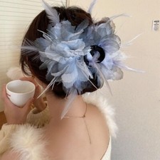 Ahoney Grey Flower Hair Clips 5.1" Feather Hair Clips for Women Non Slip Ostrich