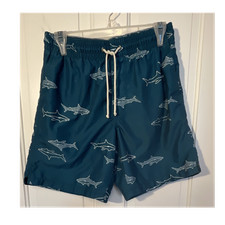 Old Navy Men's Shark Print Swim Shorts Teal White Size S Elastic Waist