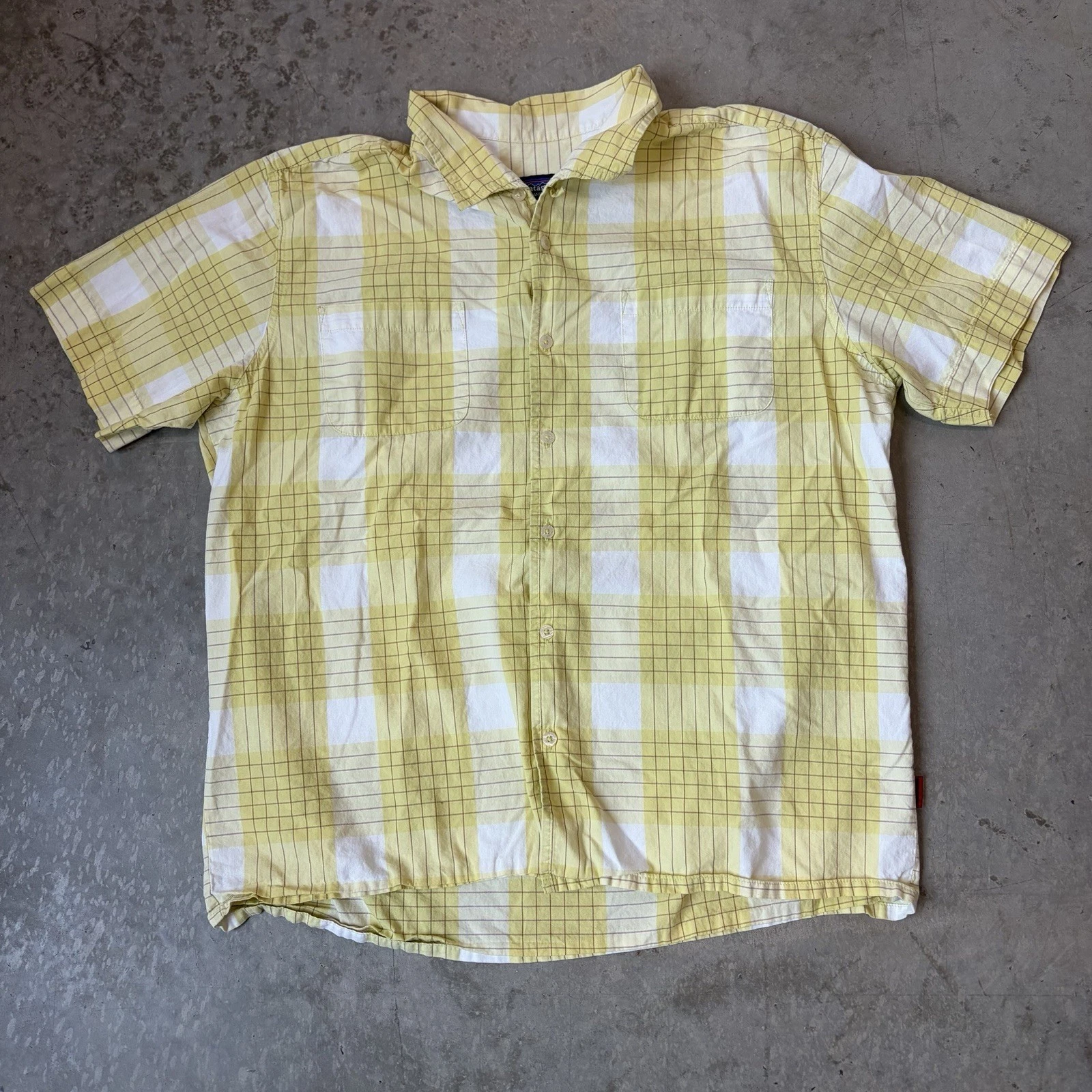 Patagonia Bollocks Button Up Shirt Loop Camp Collar Plaid Casual Yellow Large