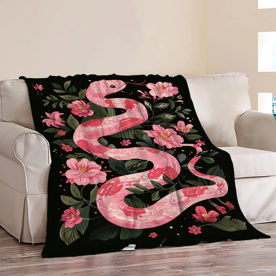 Snake Throw Blanket Pink Floral Animal Print Blankets Gifts Couch Sofa Bed St... - Image 2 of 4