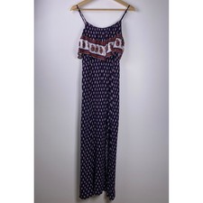 American Eagle Maxi Dress Women Small Navy Blue Paisley Ruffle Boho Festival