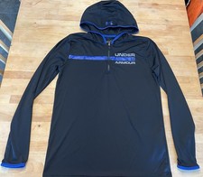 Under Armour Heatgear Hooded 1/4 Zip Long Sleeve Shirt; Black  Blue; Size YXL