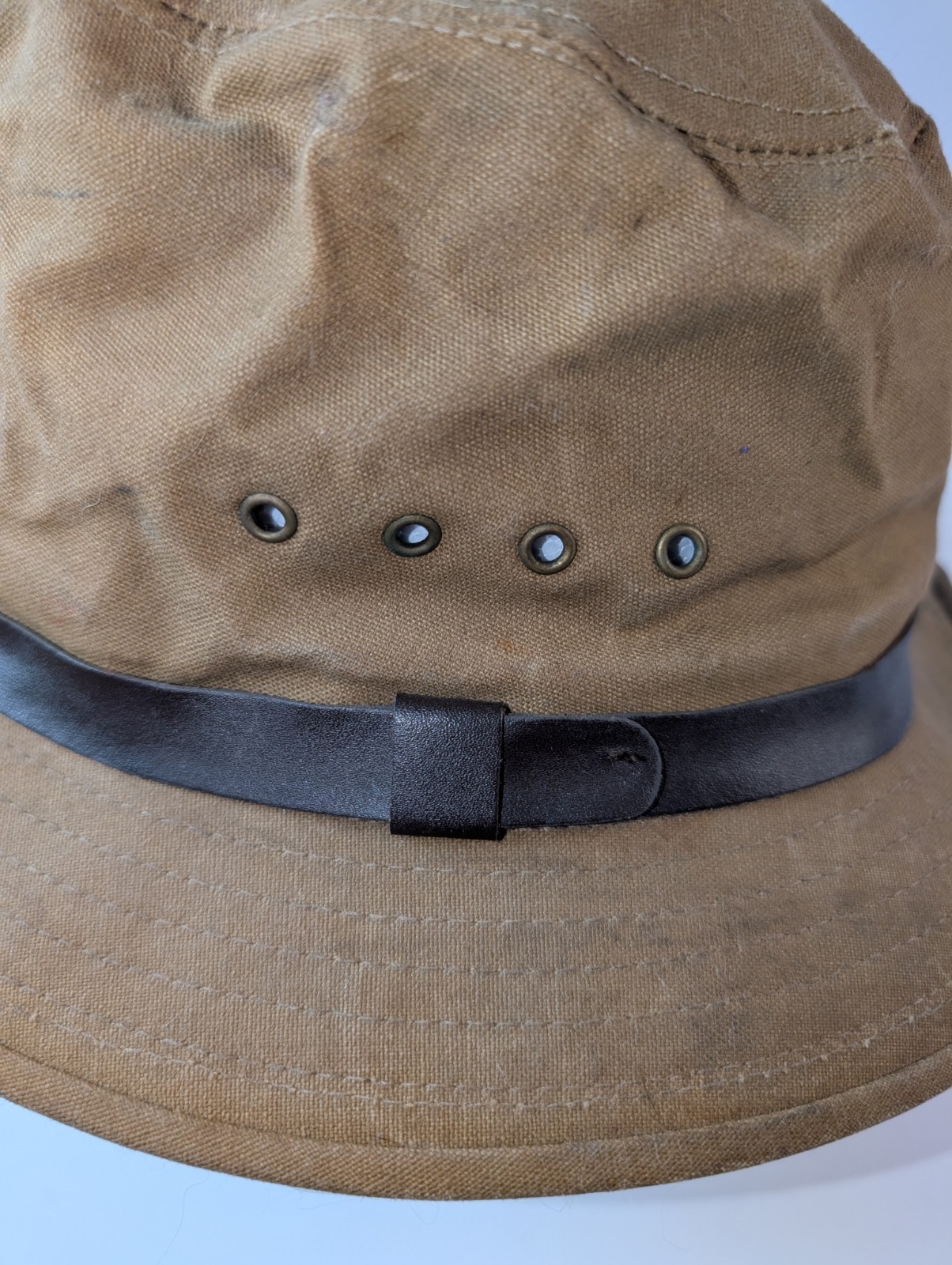 Vintage Filson Tin Cloth Packer Hat XL Tan Canvas Leather Band Seattle USA