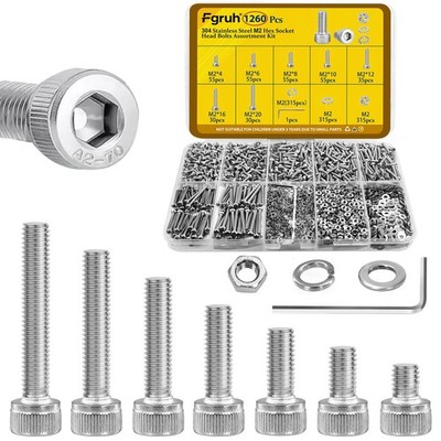 1260pcs M2 Screw Assortment Kit 304 Stainless Steel Hex Socket Head Cap Bolts
