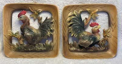 Vintage Napcoware Wall Hangings Rooster Art Plaques Cottage Set of 2 #6614 Japan