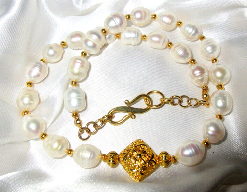 Beautiful goldplated Natural freshwater cultured baroque pearl white necklace
