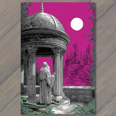 Art Print Wizard Gazebo Castle Snake Pink Sky Magic Columns Moon Fantasy