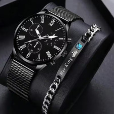 2pcs Analog Quartz Watch Bracelet Set Stylish Dial Roman Numerals Casual Men's