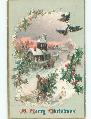 Pre-Linen MAN WITH AXE PUTTING CHRISTMAS TREE ON SLED : make an offer k1190