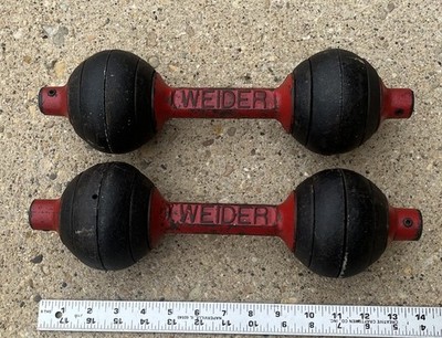 2 Vintage Weider Cast Iron GOGO Bells Dumbbells Weights Globe 15lbs each NICE!