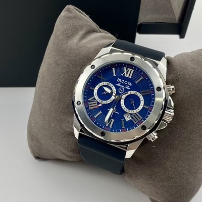 Bulova Marine Star 98B258 Quartz Blue Dial Black Rubber Strap Men's Watch 44mm