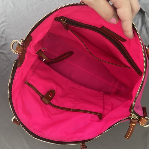 Dooney & Bourke Large FUCHSIA Nylon DILLEN Double Pocket Satchel British Tan EUC - Picture 12 of 21
