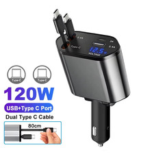 4-In-1 PD30W Car Fast Charger USB Type-C Power Adapter Retractable Phone Charger