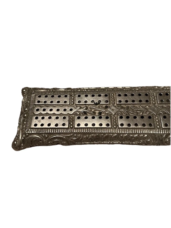 Vintage Cast Metal Cribbage Game Board Footed Ornate Detail Unique 9” x 2.5” - Image 2 of 4