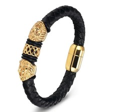 Fashion Classic Gold Color Double Lion Head Magnetic Buckle Leather Bracelet for