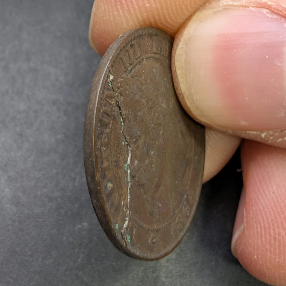 Francia 1864 5 Céntimos Napoleón III Error de Laminación Foto 3 de 4