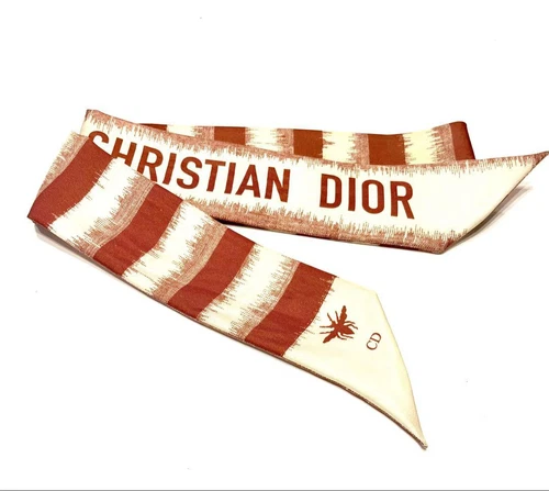 Christian Dior mini écharpe en soie trotteur logo CD beige rose ruban écharpe 106x6cm