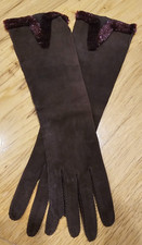 Vintage Perfect's Suede Leather Gloves Ladies Brown Sequins Handmade Size 6 1/2