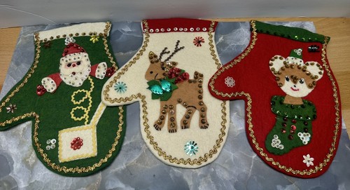 Vintage Christmas Handmade FELT SEQUIN 7x6” Stockings Santa Deer Mouse Ornaments