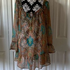 Camilla Women's XS Paisley Boho Sheer Long Sleeve Short Dress Multicolor