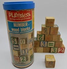 Vintage 1974 Playskool 226 Letter Number Wood Blocks 16 Wooden Cubes