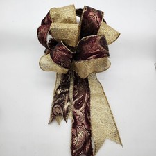 Large Christmas/Holiday Bow - Handmade - Tie On - Burgundy Paisley  Gold -Photo