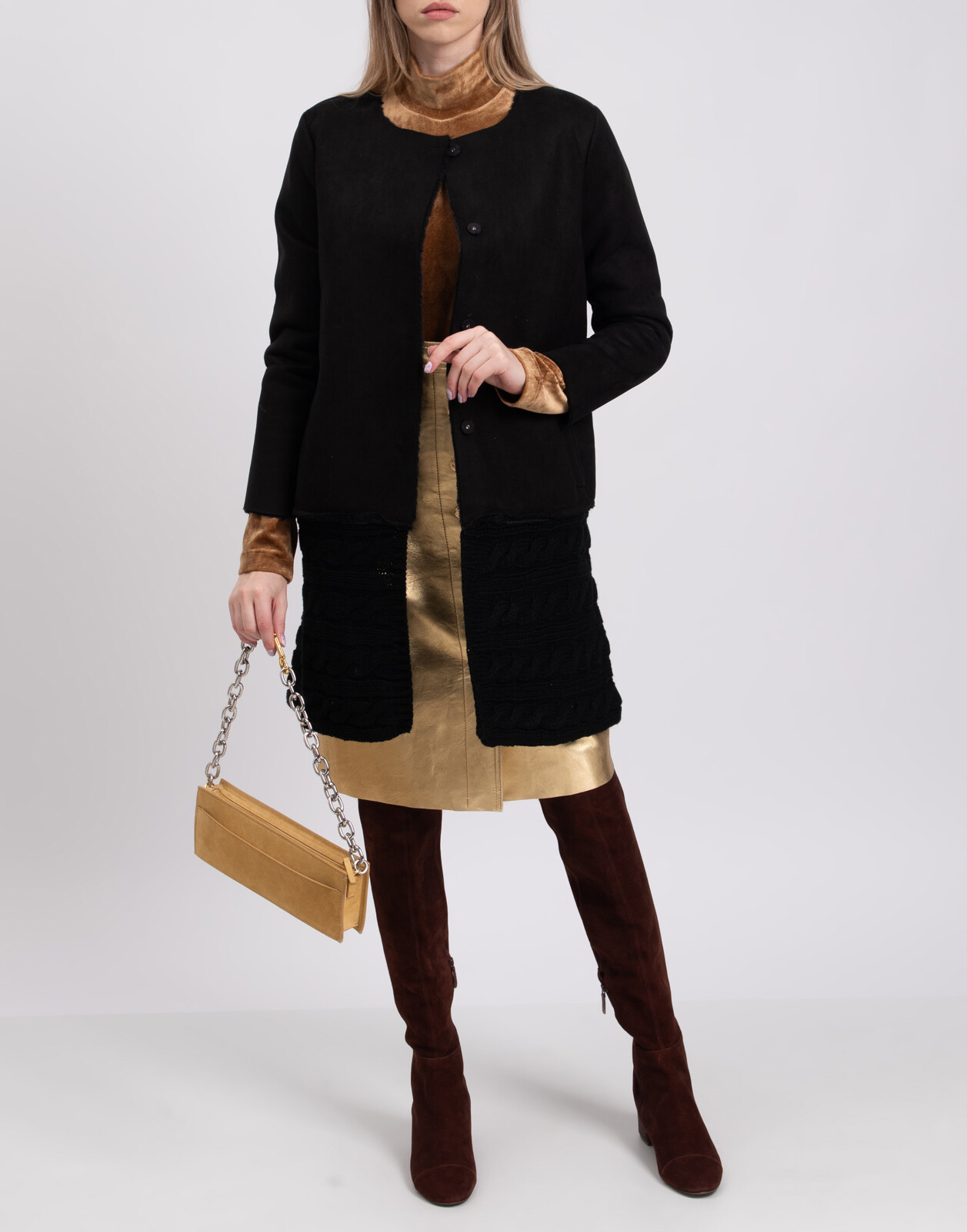 ALTRA Cappotto AVORIO RRP €210 taglia 1 XS nero foderato pelliccia sintetica effetto scamosciato orlo lavorato a maglia