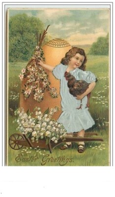 Prägekarte - Easter Greetings - Mädchen bei einem Ei und trägt eines - 4099