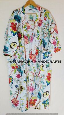 Women Pure Cotton Floral Rose Print White Night Gown Sleepwear Boho Kimono Robe