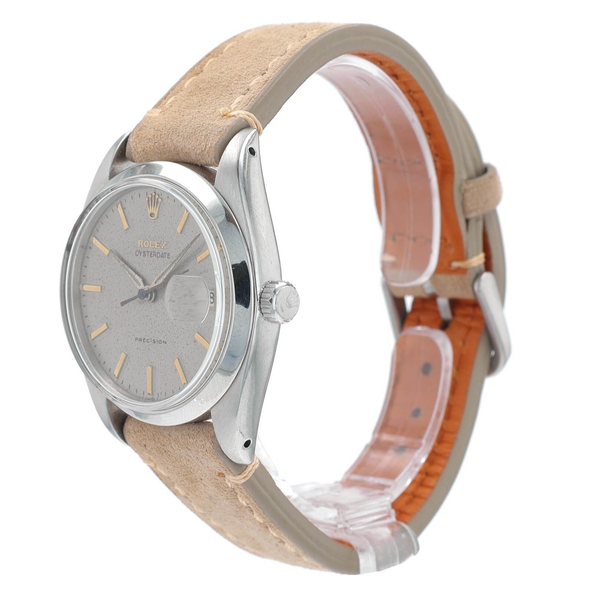 Vintage Rolex Oyster Date 6694 Watch Rare Silver Linen Dial Tan