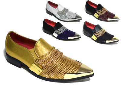 HERREN METALL SPITZ ZULAUFEND KETTE FREIZEIT SLIPPER HOCHZEIT PARTY SCHUHE GRÖßE UK 6 11