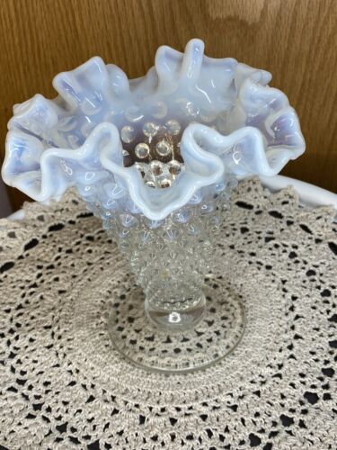 Fenton Art Glass Moonstone Vase ~ French White Opalescent Hobnail Ruffled Vase - Picture 2 of 8