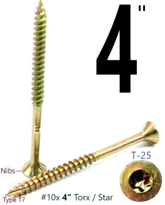 4'' Torx T25 Star Flat Head W/Nibs Yellow Zinc Type 17 Outdoor Wood Screw , 30pcs