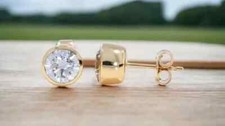 Solitaire Bezel Set Stud Earrings 14k Yellow Gold Plated 2ct Real Moissanite