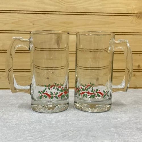 Vintage Libbey Holly Berry Mugs Steins Tall Heavy Gold Trim Christmas Set of 2