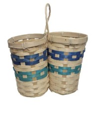 Wicker 2 Round Compartment Caddy Basket Blue Teal Stripes 8.5" 6.5 Tall A244