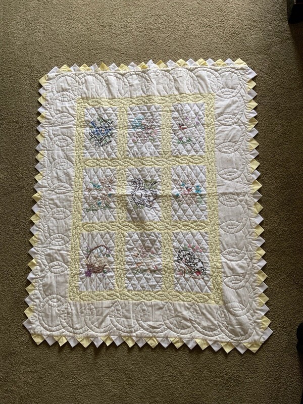 Vintage  Yellow And White Baby Quilt Embroidery 42” x 53”