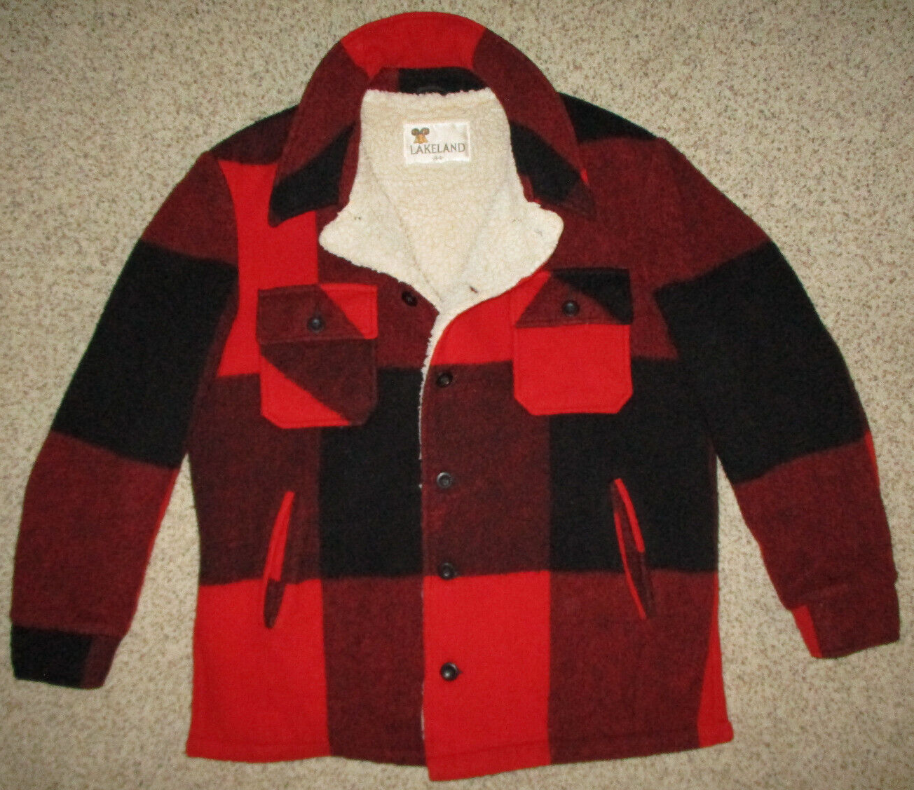 Vintage Lakeland Wool Jacket SNO THROWER Sherpa Lined Buffalo Plaid 44 Mackinaw