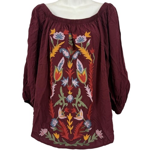 Solitaire Womens Embroidered Off The Shoulder Burgundy Top Boho Shirt sz XL - 第 1/16 張圖片