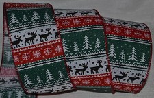 Wired Ribbon Christmas Deer Stripe Holiday Red 2.5" Tree Green White Wreath Bow