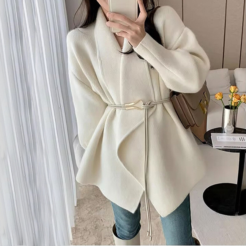 Cardigan Sweater Jacket Women Vintage Size 4-12 Open Front Belted Black Beige-image