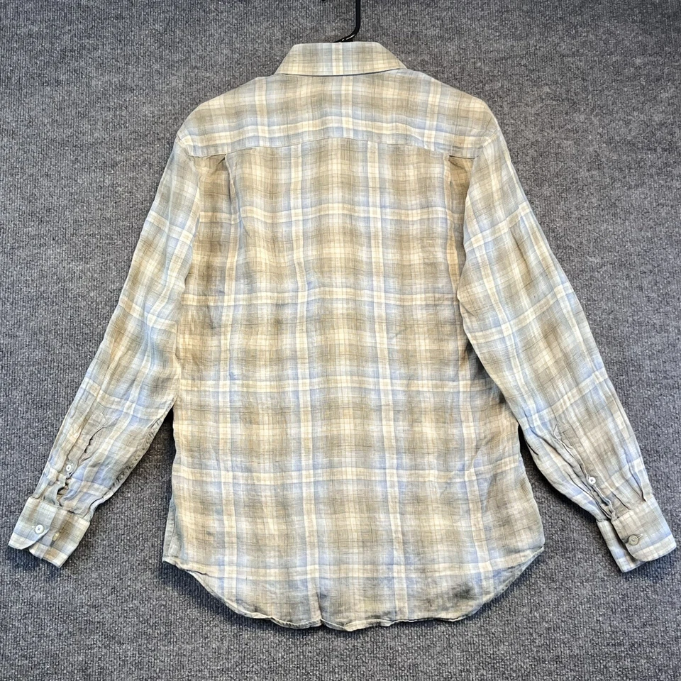 Robert Talbott Shirt Men's Small Linen Beige, Light Blue Plaid Long Sleeve - Image 2 of 4