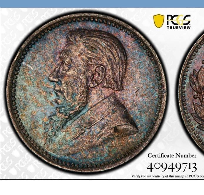 1896 SOUTH AFRICA KRUGER SILVER 3 PENCE PCGS MS64 POP Of 15! Extreme Dub Toning - Image 2 of 4