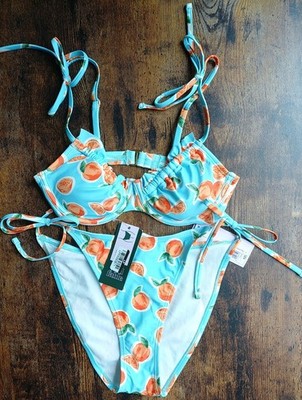 Target Wild Fable Blue W Oranges Bikini Set Sz XS Ruffle Top & Sz S Bottom New