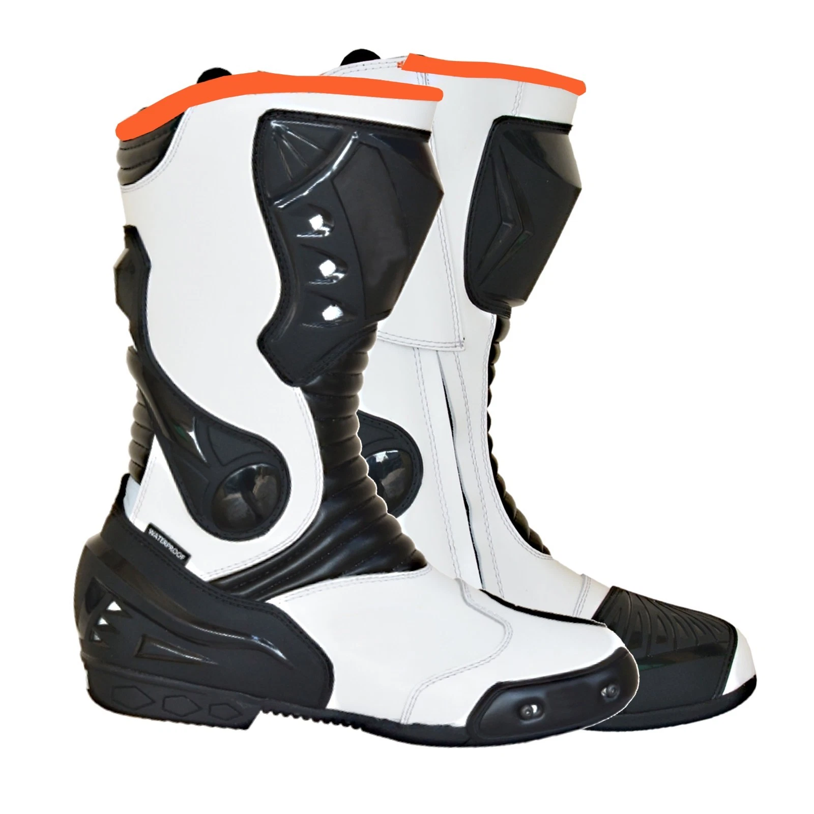 men's white and black motorbike racing leather boots waterproof motorcycle riding shoes protective gear; men’s motorbike racing boots; motorcycle riding leather boots; waterproof motorbike boots men; white black motorcycle racing shoes; biker protective racing boots; men’s motorcycle gear boots; racing sports bike leather boots; men’s waterproof biker footwear; moto racing leather boots white black; protective motorcycle boots for men