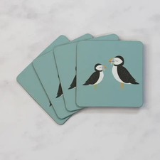 NEW DUNELM "PUFFINS" SQUARE CORK BACKED COASTERS X 4